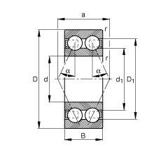 角接觸球軸承 3807-B-TVH, 雙列，接觸角 α = 25°