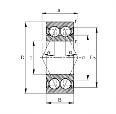 角接觸球軸承 3001-B-2RSR-TVH, 雙列，雙側(cè)唇密封，接觸角 α = 25°