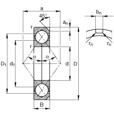 四點接觸球軸承 QJ228-N2-MPA, 根據(jù) DIN 628-4 的主要尺寸， 可以拆卸，剖分內(nèi)圈，帶兩個止動槽