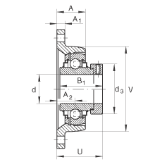 軸承座單元 RCJT65-214, 帶兩個(gè)螺栓孔的法蘭的軸承座單元，鑄鐵，偏心鎖圈，R密封