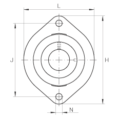 軸承座單元 FLCTEY15, 帶兩個螺栓孔的法蘭的軸承座單元，鑄鐵， 內(nèi)圈帶平頭螺釘， P 型密封，無再潤滑結(jié)構(gòu)